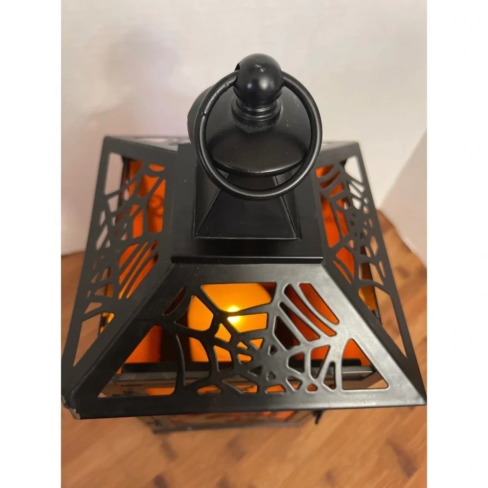 Halloween‎ Lantern Black Metal Orange LED Candle Witch Spider Web Spooky Decor